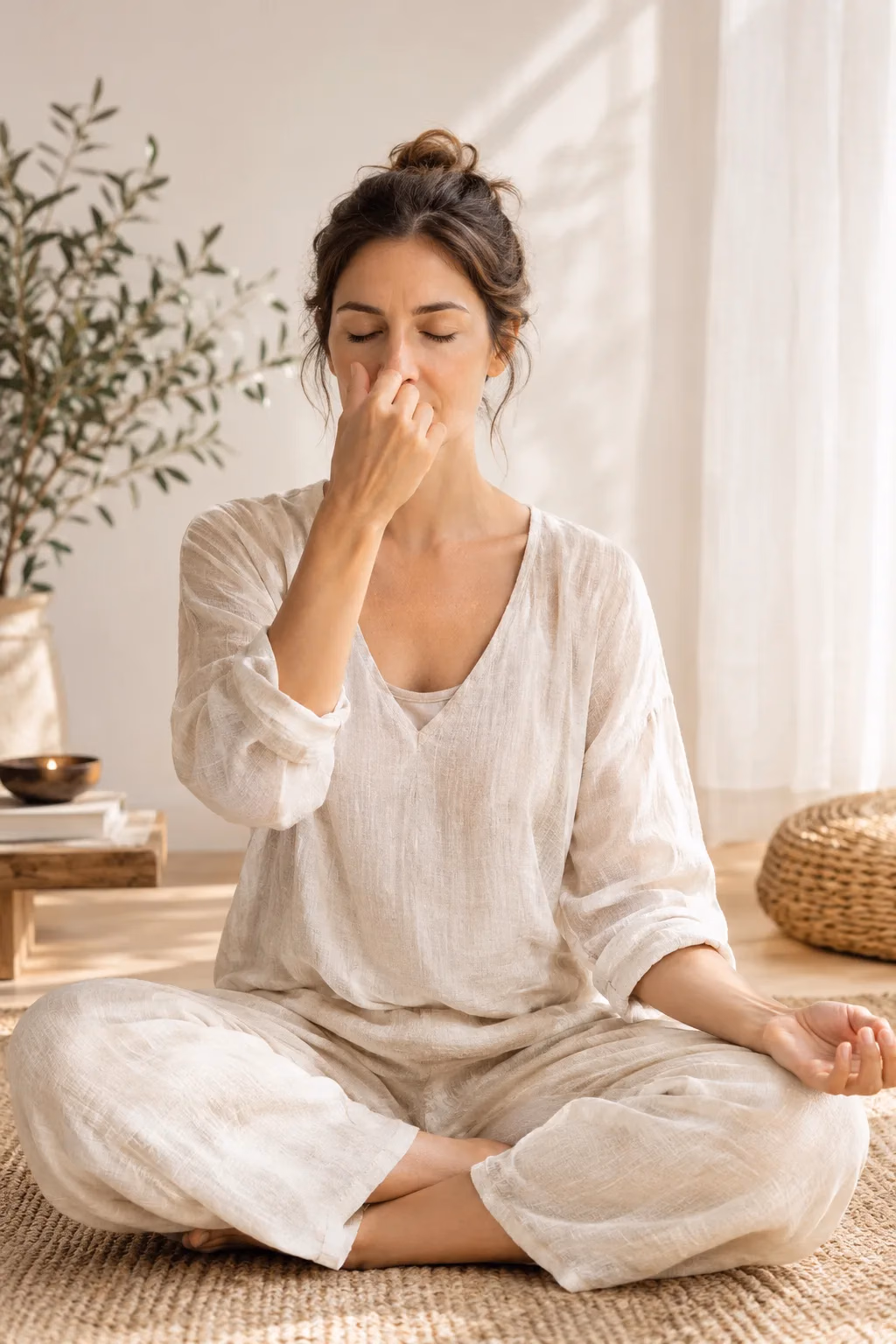 Una imagen serena de una mujer sentada cómodamente practicando respiración consciente, con luz natural y tonos crema.